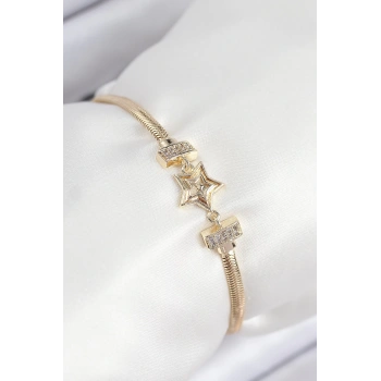 Mey İthalat® Pirinç Zirkon Taşlı Yıldız Model Gold Renk Kadın Bileklik