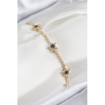 Mey İthalat® Pirinç Zirkon Taşlı Yıldız Model Gold Renk Kadın Bileklik
