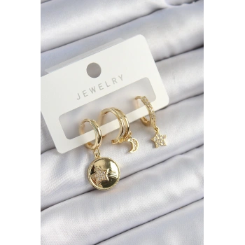 Mey İthalat® Pirinç Zirkon Taşlı Yıldız Ve Ay Model Gold Renk 3lü Çift Kadın Küpe Set