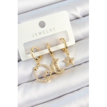 Mey İthalat® Pirinç Zirkon Taşlı Yıldız Ve Ay Model Gold Renk 3lü Kadın Küpe Set