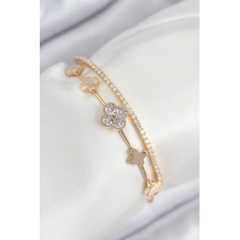 Mey İthalat® Pirinç Zirkon Taşlı Yonca Model Gold Renk Kadın Bileklik