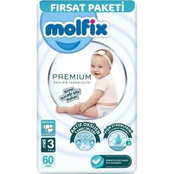 Mey İthalat®   Premium Bebek Bezi Fırsat Paketi 3 Beden 4-9 Kg 60 Adet