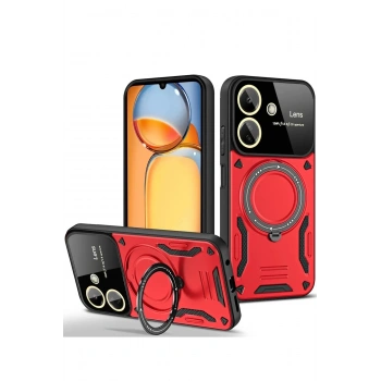 Mey İthalat®   Redmi 13C Kılıf Joy Lens Standlı Kapak - Kırmızı