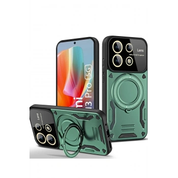 Mey İthalat®   Redmi Note 13 Pro 4G Kılıf Joy Lens Standlı Kapak - Koyu Yeşil