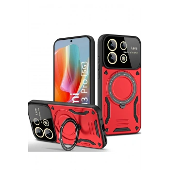 Mey İthalat®   Redmi Note 13 Pro 5G Kılıf Joy Lens Standlı Kapak - Kırmızı