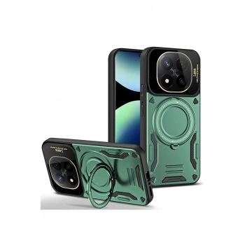 Mey İthalat®   Redmi Note 14 Pro 4G Kılıf Joy Lens Standlı Kapak - Koyu Yeşil