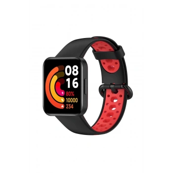 Mey İthalat®   Redmi Watch 2 Spor Delikli Kordon - Siyah-Kırmızı