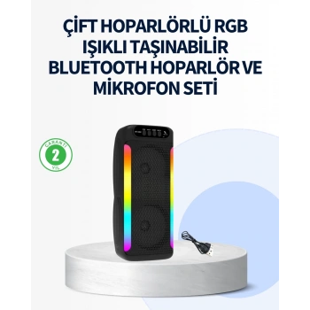 Mey İthalat® RGB Işıklı Çift Hoparlörlü Taşınabilir Bluetooth Speaker ve Mikrofon