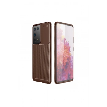 Mey İthalat®  Samsung Galaxy S21 Ultra Kılıf Auto Focus Karbon Kapak - Kahverengi