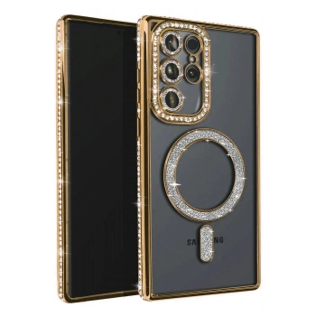 Mey İthalat®  Samsung Galaxy S23 Ultra Joke Simli Magneticsafe Kılıf - Gold