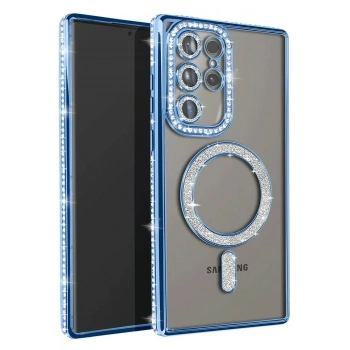 Mey İthalat®  Samsung Galaxy S23 Ultra Joke Simli Magneticsafe Kılıf - Mavi