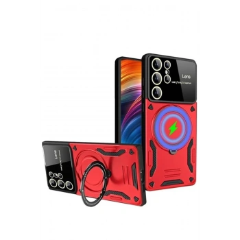 Mey İthalat®  Samsung Galaxy S24 Ultra Kılıf Joy Lens Standlı Kapak - Kırmızı