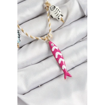 Mey İthalat® Seramik Motifli Pembe Balık Figürlü Model Krem İp Kadın Kolye