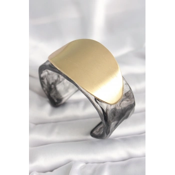 Mey İthalat® Siyah Mermer Desen Akrilik Plastik Gold Oval Plaka Model Vintage Kadın Bilezik