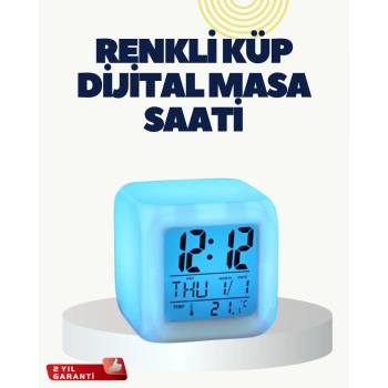 Mey İthalat® Termometre ve Takvim Özellikli 7 Renk Değiştiren Küp Alarm Saati