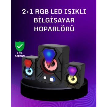 Mey İthalat® USB Bağlantılı RGB 2.1 Hoparlör Seti Derin Bas ve Renkli Işık