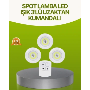 Mey İthalat® Uzaktan Kumandalı 3 Lü Kablosuz Led Spot Lamba Seti Yapışkanlı Pratik Kullanım
