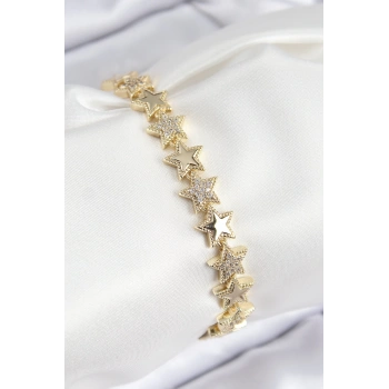 Mey İthalat® VIP Pirinç Zirkon Taşlı Yıldız Model Gold Renk Kadın Bileklik