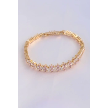 Mey İthalat® Vip Seri Pirinç Pembe Zirkon Taşlı Gold Renk Baget Model Bileklik