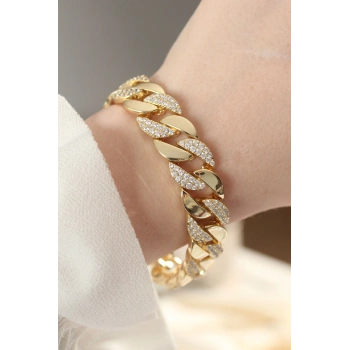 Mey İthalat® Vip Seri Pirinç Zirkon Taşlı Gold Renk Gurmet Bileklik