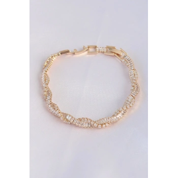 Mey İthalat® Vip Seri Pirinç Zirkon Taşlı Gold Renk Sarmal Model Bileklik
