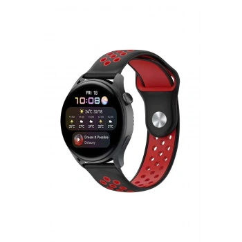 Mey İthalat®  Watch 22mm Spor Delikli Kordon - Siyah-Kırmızı
