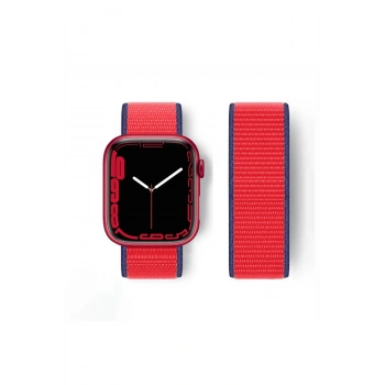Mey İthalat®   Watch 38mm Hasırlı Cırtcırtlı Kordon - Lacivert-Kırmızı