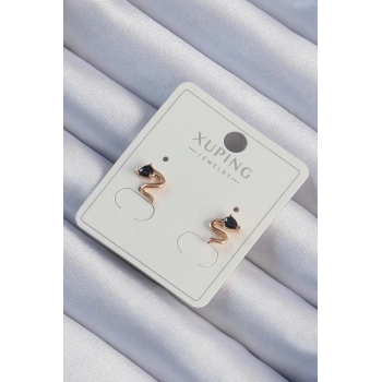 Mey İthalat® Xuping Rose Renk Siyah Zirkon Taşlı Kıvrımlı Küpe