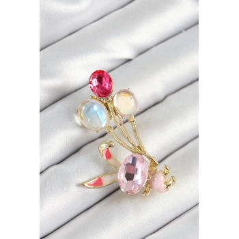 Mey İthalat® Zirkon Taşlı  Balonlu Pembe Tavşan Figürlü Gold Renk Kadın Broş