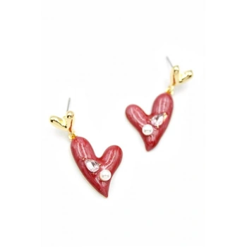 Mineli Kalp Küpe - Bordo