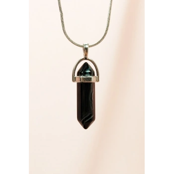 Obsidyen Doğal Taşı Zincirli El Yapımı Tasarımlı Kolye Uç: 3,5 cm Zincir: 20 cm Kutulu