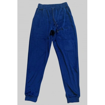 Parlak Kadife Cepli Pantolon Eşofman Pijama Altı Unisex Lastikli Paça Lacivert