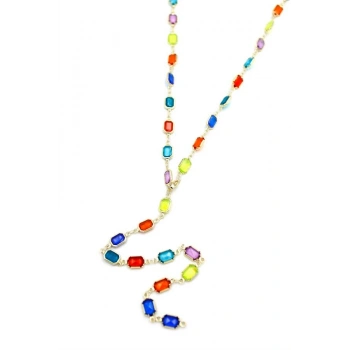 Renkli Taşlı Y Kolye - Altın