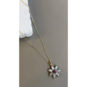 Taşlı Çiçek Kolye - Altın