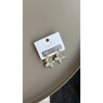 Taşlı Çiçek Küpe - Altın