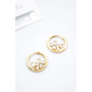 Taşlı Çiçek Küpe - Altın