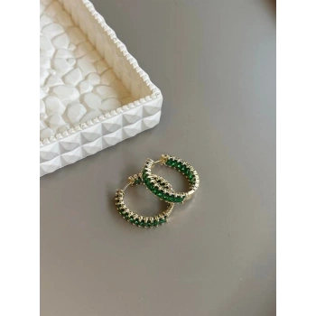 Taşlı Halka Küpe - Yeşil