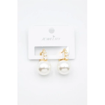 Taşlı İnci Küpe - Altın