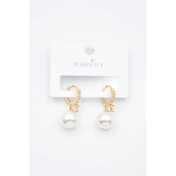 Taşlı İnci Küpe - Altın