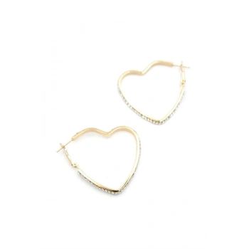 Taşlı Kalp Halka Küpe - Altın