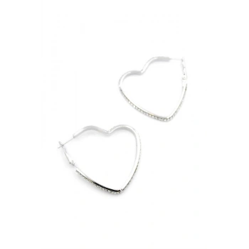 Taşlı Kalp Halka Küpe - Gümüş