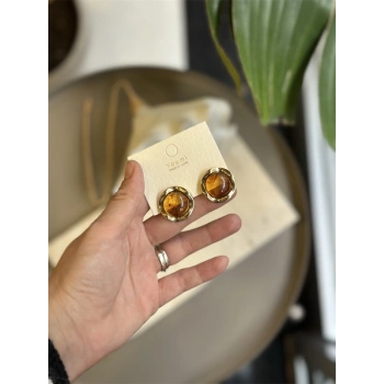 Taşlı Küpe - Kahverengi