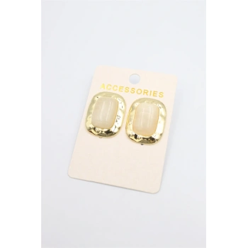 Taşlı Metal Küpe - Krem