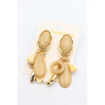 Taşlı Sallantılı Küpe - Açık Kahverengi