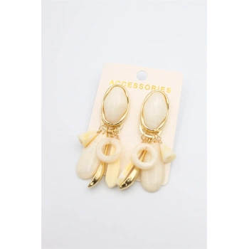 Taşlı Sallantılı Küpe - Krem