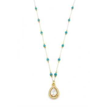 Turkuaz Boncuklu Kolye - Altın