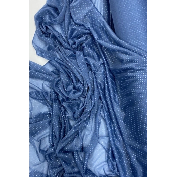 Yağmur Damlası Simli Abiye Elbise Şallık Tül Kumaş İndigo Mavi 89