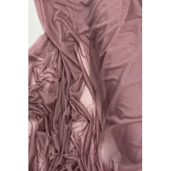 Yağmur Damlası Simli Abiye Elbise Şallık Tül Kumaş Koyu Gül Kurusu 36