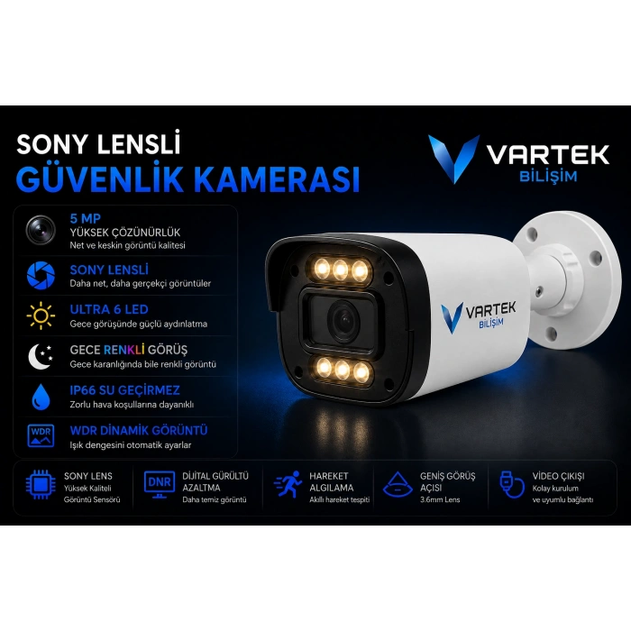 2 Kameralı Ultra 6 Ledli 5MP Sony Lensli Gece Renkli Güvenlik Kamerası Seti 250 GB HDD