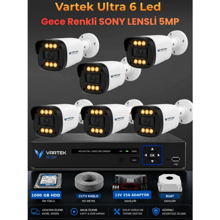 6 Kameralı Ultra 6 Ledli 5MP Sony Lensli Gece Renkli Güvenlik Kamerası Seti